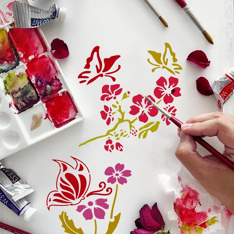 Resflyar 6 PCS Butterfly Stencil Reusable Flying Butterfly Template Plastic Nature Floral Stencils for Painting on Wood Walls Fabric Furniture Floors Home Decor DIY Craft Wood Sign 11.8 x 6.3 Inch - Image 4